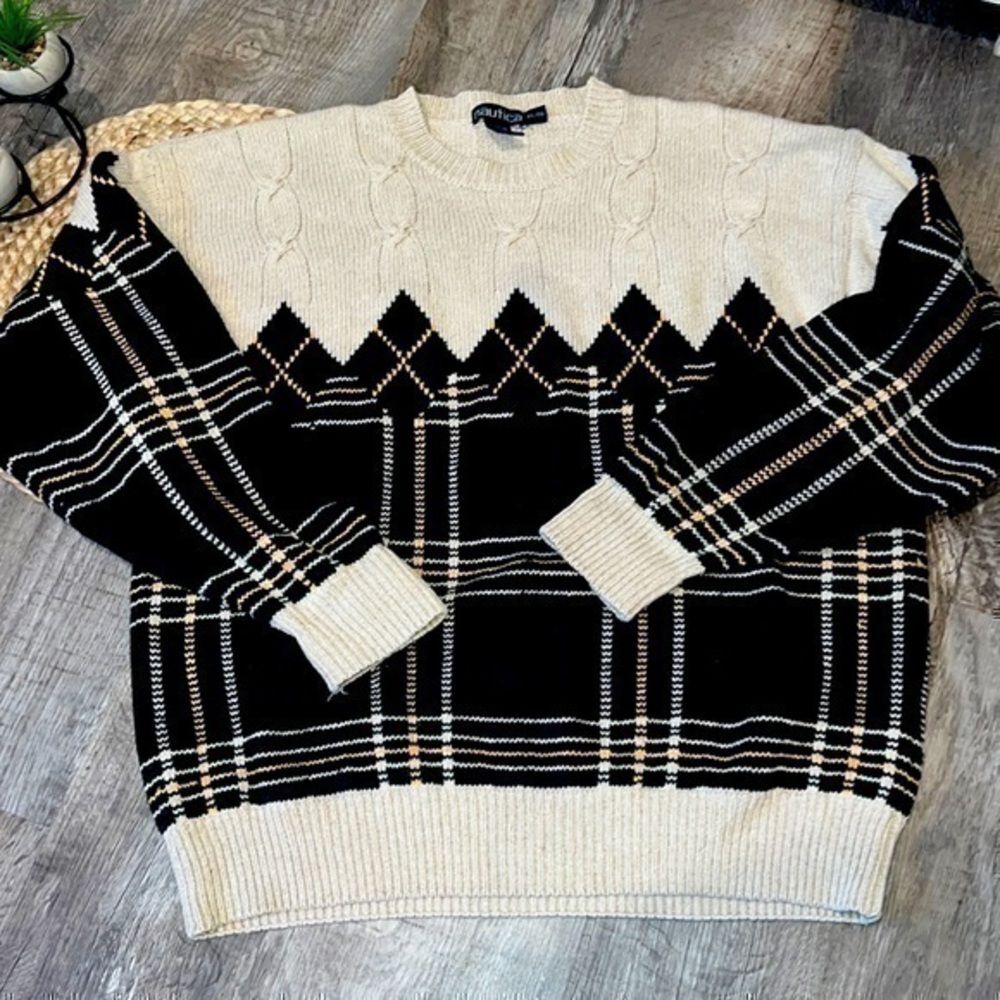 Vintage Nautica knit plaid crewneck winter sweater size XLarge